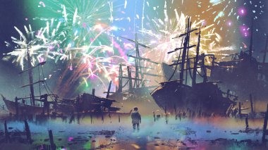batık gemi fireworks ile seyir arka plan, dijital sanat tarzı, resim illüstrasyon sahilde duran adam