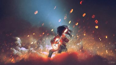 gizemli adam duman, dijital sanat stil, resim illüstrasyon parlayan gitar çalmak