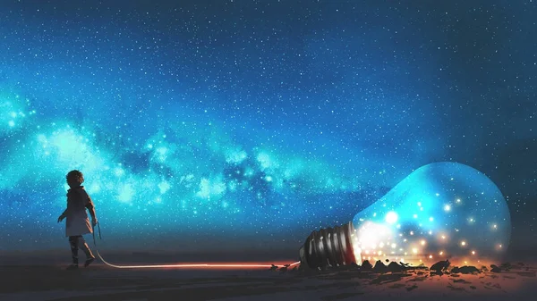 Boy Pulled Big Bulb Half Buried Ground Night Sky Stars — Stock Photo, Image