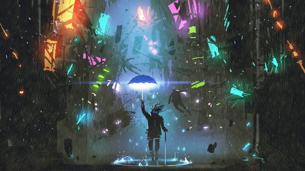 Sci Scene Showing Man Holding Magic Umbrella Destroying Futuristic City — Stock Photo, Image