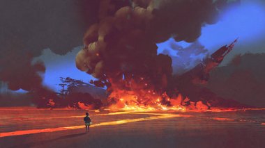 Çocuk düşen uzay gemisi patlama, dijital sanat tarzı, resim illüstrasyon arıyor