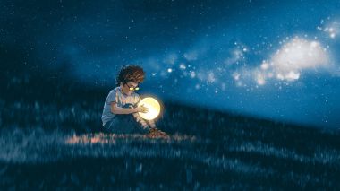 night scene showing young boy with a little moon in his hands sitting on meadow, digital art style, illustration painting clipart