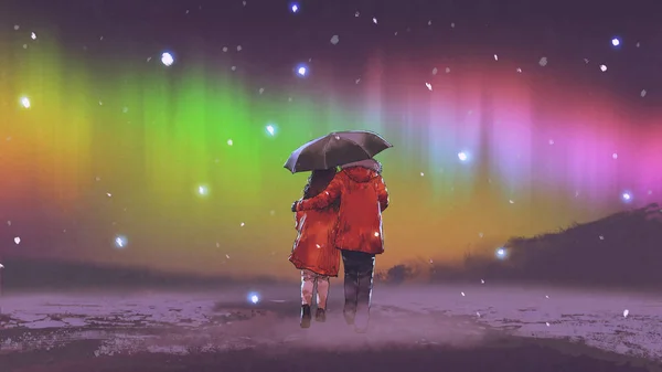 情侣穿着红色的大衣在雪地上漫步看着天空中的北极光 数字艺术风格 插画绘画 — 图库照片