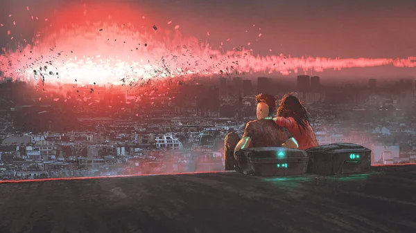 End World Concept Showing Young Couple Looking Nuclear Explosion Destroying — Stock Photo, Image