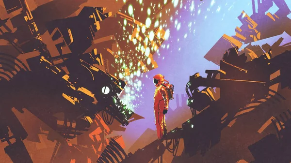 宇宙飛行士イラスト絵画 デジタル アート スタイル未来工場のコントロール パネルの前に立ってのサイファイのシーン — ストック写真