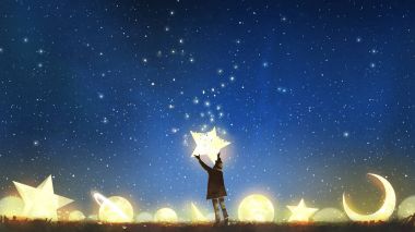 beautiful scenery showing the young boy standing among glowing planets and holding the star up in the night sky, digital art style, illustration painting clipart