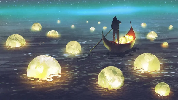 Nachtlandschaft Eines Mannes Der Ein Boot Zwischen Vielen Glühenden Monden — Stockfoto