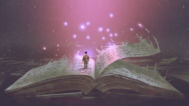 Boy standing on the opened giant book with fantasy light, digital art style, illustration painting clipart