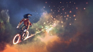 man with fancy clothes riding bicycle with glowing wheels in outer space, digital art style, illustration painting