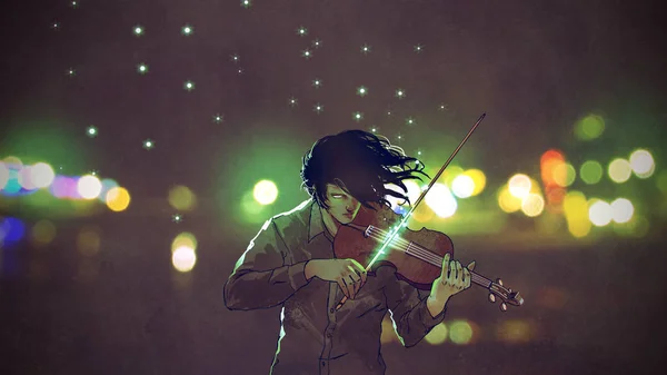 男子玩魔术小提琴在夜间城市户外 数字艺术风格 插画绘画 — 图库照片