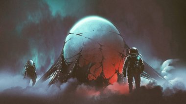 sci-fi horror scene of two astronauts found the mysterious alien egg, digital art style, illustration painting clipart