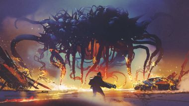 fight scene between the human and giant monster, the man battling alien at night, digital art style, illustration painting clipart
