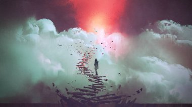 young woman standing on broken stairs leading up to sky, digital art style, illustration painting clipart