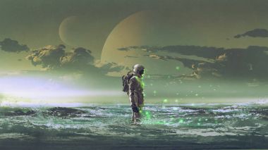 gezegen, dijital sanat tarzı, resim illüstrasyon çerçevede denizin kenarında duran astronot