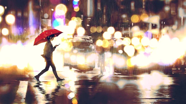 年轻妇女听音乐在她的电话和拿着一把红色雨伞横跨城市街道在雨夜 数字艺术样式 例证绘画 — 图库照片