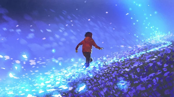 Нічні Пейзажі Хлопчика Біжить Синьому Лузі Світиться Пелюсткою Квітів Стиль — стокове фото