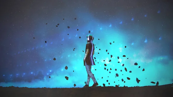 Young Man Futuristic Clothing Walking Blue Background Digital Art Style — Stock Photo, Image