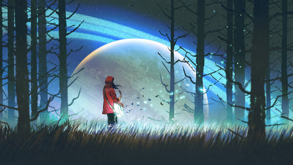 night scenery of young woman playing a magic guitar in the forest against glowing planet on background, digital art style, illustration painting 