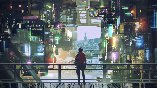 Hombre Pie Balcón Mirando Ciudad Futurista Con Luz Colores Estilo — Foto de Stock