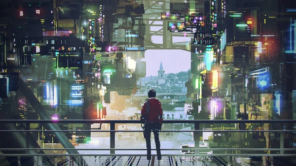 Homem Varanda Olhando Para Cidade Futurista Com Luz Colorida Estilo Imagem De Stock