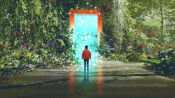 梦幻风光显示男孩站在神奇的大门前与发光的蓝光在美丽的森林 数字艺术风格 插图绘画 — 图库照片