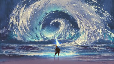 man with magic spear makes a swirling sea in the sky, digital art style, illustration painting clipart