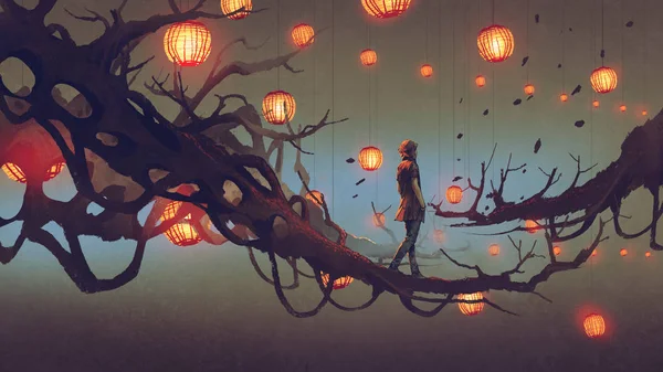 Чоловік Ходить Гілці Дерева Багатьма Червоними Ліхтарями Фоні Стиль Цифрового — стокове фото