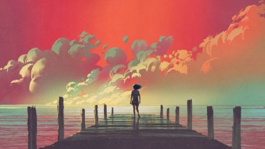 renkli bulutlar gökyüzü, dijital sanat tarzı, resim illüstrasyon bakarak bir ahşap iskele üzerinde tek başına duran kadının güzel sahne