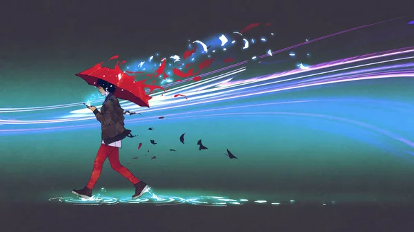 Vrouw Met Een Rode Paraplu Lopen Donkere Achtergrond Met Verstrooiing — Stockfoto