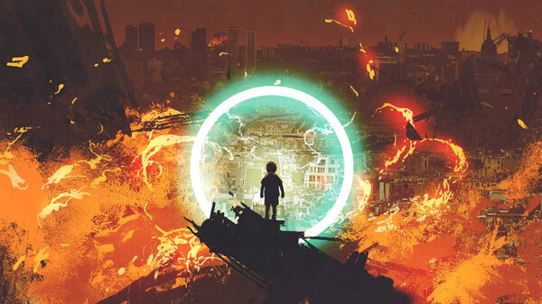 boy standing in front of a glowing blue ring and looking at the burning city, digital art style, illustration painting