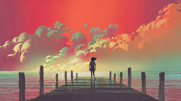 красивые пейзажи женщины, стоящей одна на деревянном пирсе, смотрящей на красочные облака в небе, в стиле цифрового искусства, иллюстрации живописи
