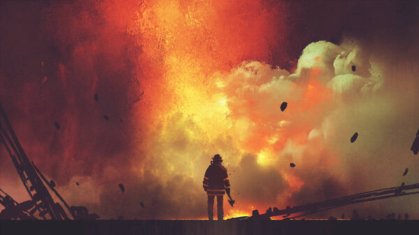 Brave firefighter with axe standing in front of frightening explosion, digital art style, illustration painting