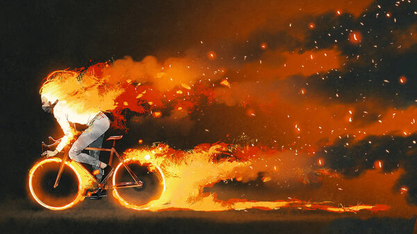 человек на горном велосипеде с горящим огнем на темном фоне, стиль цифрового искусства, иллюстрации живописи
