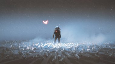 astronaut standing among flock of bird, single glowing unique bird flying around, digital art style, illustration paintin