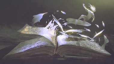 sörfçü, kuşlar ve balıklar, dijital sanat tarzı, resim illüstrasyon geliyor ile sihirli kitap açık