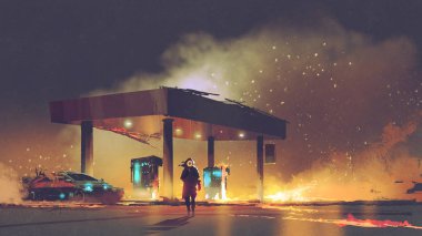 scene of the man burning the gas station at night, digital art style, illustration painting clipart