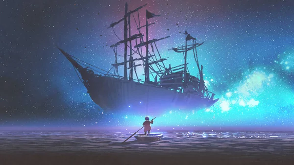 Little Boy Rowing Boat Sea Looking Sailing Ship Floating Starry — Stock Photo, Image