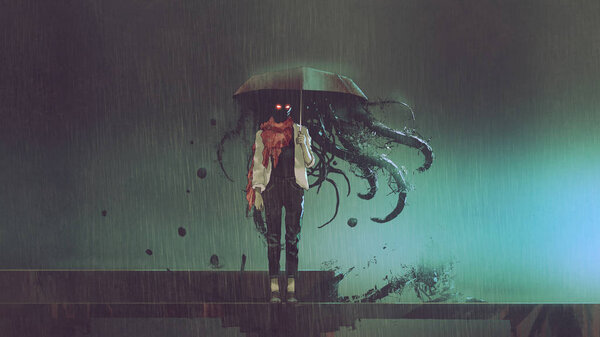 horror concept of mystery woman holding the umbrella with black tentacles inside in the rainy night, digital art style, illustratio