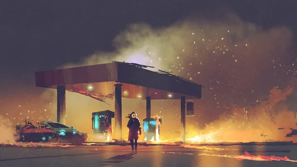 夜间燃烧加油站的现场 数码艺术风格 插画绘画 — 图库照片