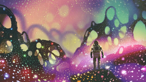 Astronaut Walking Ground Glowing Particles Alien Planet Digital Art Style — Stock Photo, Image