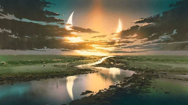 beautiful scenery of water road in colorful rustic place against black clouds and crescent moon in the sky, digital art style, illustration painting