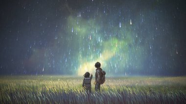 brother and sister in a meadow looking at meteors in the sky, digital art style, illustration painting clipart
