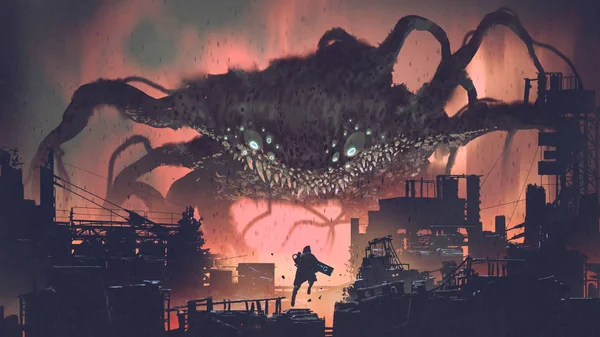 Scena Sci Ukazująca Gigantycznego Potwora Najeżdżającego Nocne Miasto Cyfrowy Styl — Zdjęcie stockowe