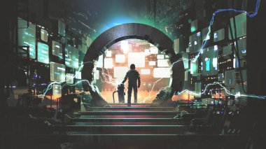sci-fi concept showing a man standing at the futuristic portal, digital art style, illustration painting clipart