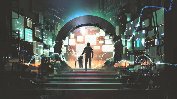 sci-fi concept showing a man standing at the futuristic portal, digital art style, illustration painting