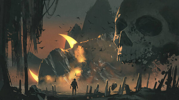 a man walks into a mysterious land with a giant skull in front of the entrance, digital art style, illustration painting
