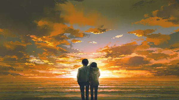 Νεαρό ζευγάρι που κοιτάζει την παραλία ηλιοβασιλέματος — Φωτογραφία Αρχείου