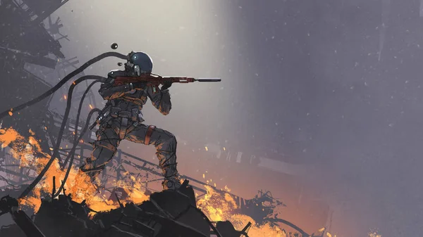 Futuristic Soldier Aiming His Gun Enemy Battlefield Background Digital Art — Stockfoto