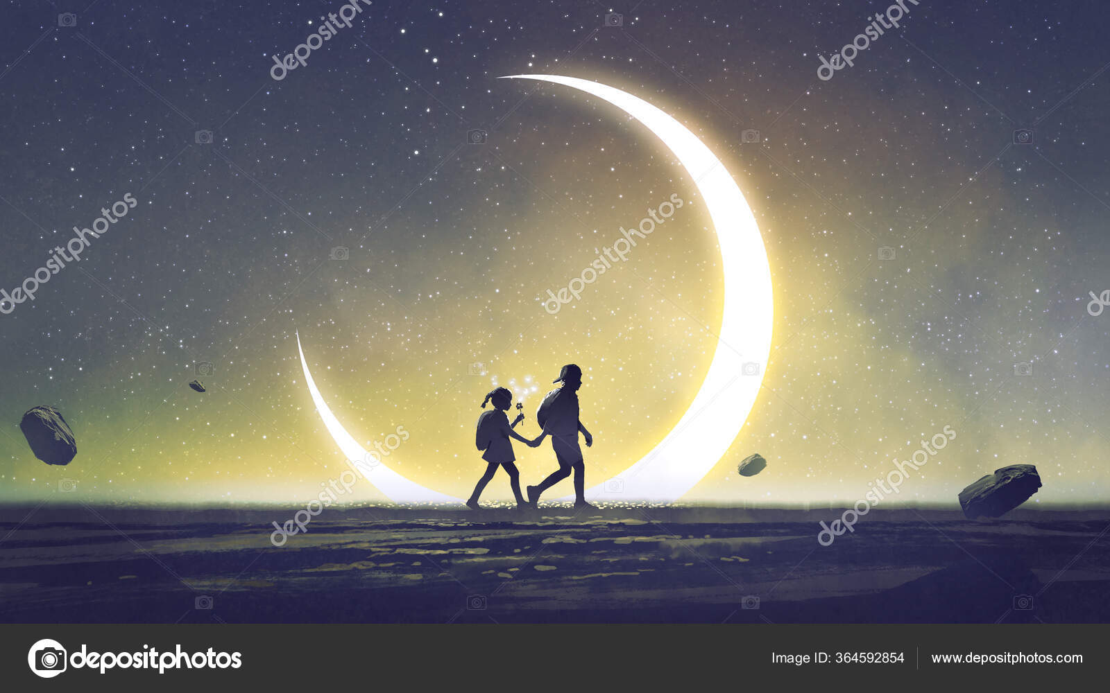 Night Scenery Showing Brother Sister Holding Hands Walking Sky ...