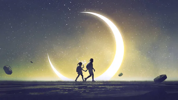 Night Scenery Showing Brother Sister Holding Hands Walking Sky Crescent — Stock Photo, Image